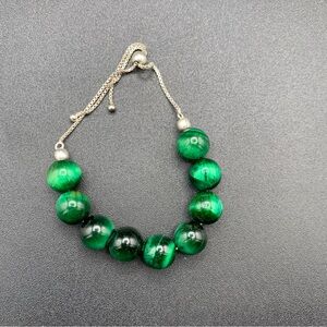 Beaded Malachite Sterling Silver Pull Cord  Bracelet Stackable
